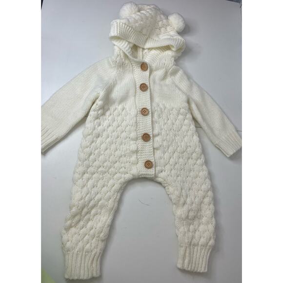 Hand Knit Hooded Pompom Cream Infant Onsie (Approx 6-12) - Picture 1 of 5